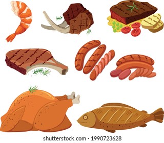 Cartoon vector Set of delicious food shrimp ,
Grilled steaks ,sausages ,
chickens and fishes