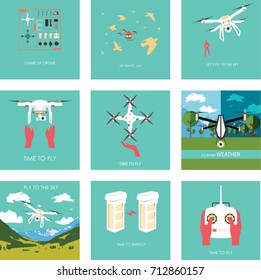 Cartoon Vector Set of Drone on Green background.  Flat design vector illustration.