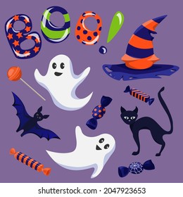 Cartoon vector set of elements for Halloween. Striped witch hat, ghosts, bat, cat, sweets, lettering boo isolated on a purple background.