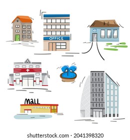 Cartoon vector set elements hospital, office, mall, city, post office, fountain, house. Flat street map creator. Kids map design isolated on white.