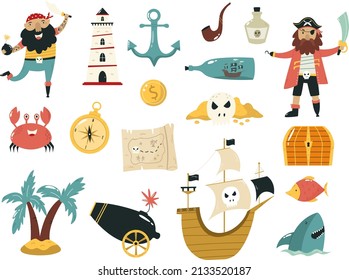 Cartoon-Vektorset mit Elementen und Symbolen von Piraten Schiff, Schwert, Schädel, Hut, Papagei