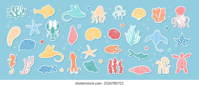 Cartoon vector set featuring tropical sea life. Includes colorful marine creatures such as fish, starfish, and coral reef elements, ideal for underwater or ocean-themed designs.