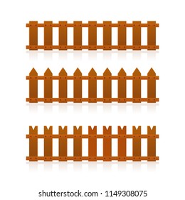 Cartoon vector set fence elements for design, wooden fences and gate on white background.
