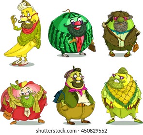 Cartoon. Vector. Set Funny Fruits hipsters. Travesty cartoon. Characters.  Isolated objects. Banana, watermelon, kiwi, apple, pear, lemon.