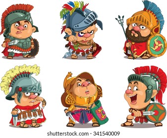 Cartoon. Vector.  Set Funny Gladiators.  Roman Soldiers In Armor. Travesty Cartoon. Characters.  Isolated Objects. 