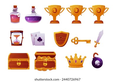 cartoon vector set of game assets. gold coins, shields, level up crowns, magic gemstones, potion bottles, gold chests