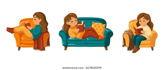 Cartoon vector set of girls reading books on sofa and armchair. Vector isolated illustration on white background.