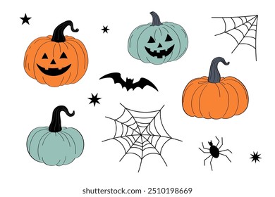 Vetor de desenhos animados definido para Halloween com diferentes abóboras lanterna, morcego, teia de aranha, estrelas. Elementos desenhados à mão para comemorar as férias de outono dos Santos para o design, cartão, folheto, cartaz, impressão, papel