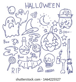 Cartoon vector set Halloween elements.
Objects and symblos drawning in doodle style.