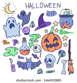 Cartoon  vector set Halloween elements.
Color objects and symblos drawning in doodle style.