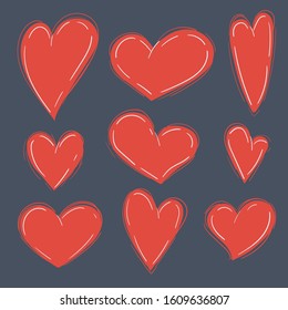 Cartoon vector set of hearts illustration on dark background.