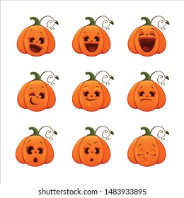 cartoon vector set of illustration of cute funny Halloween pumpkin, Isolated on white, emoticon collection, Halloween icon for holiday, sticker for print on t-shirt eps 10  emoji mascot