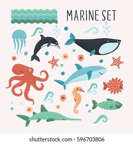 Cartoon vector set illustration of different kinds of cute funny submarine creatures underwater and lettering name in English