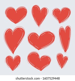 Cartoon vector of Set illustration of various simple red heart icons on white background.