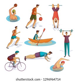 Cartoon vector set of men involved in various sports. Active workout. Athletic guys. Healthy lifestyle. Trendy people