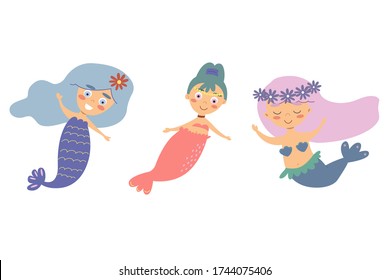 Cartoon vector set with mermaids. Three mermaid characters isolated on a white background.