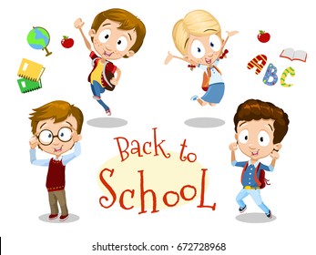 Cartoon vector set of school kids. Happy pupils isolated on white background. Funny cartoon characters can be used for child books, stickers, posters