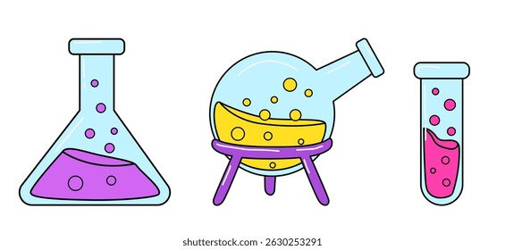 Cartoon vector set of science lab flasks with colorful liquids. Perfect for chemistry, education, and research themed projects, games, and school materials