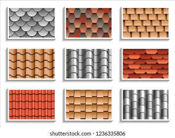 Cartoon vector set of seamless roof tiles textures. Repeating background patterns of Spanish house rooftop materials with 3D shingles