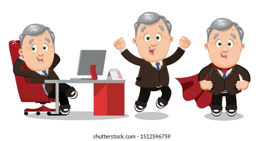 Cartoon vector set with senior silver haired man who is head or owner of company. Aged businessman, ceo sitting at work place arms on nape, jumping for joy, standing in red cape. Superman.