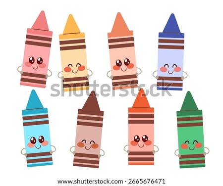 Cartoon vector set of smiling wax pencils in various bright colours. Clip art for kids' art projects, education themes, and creative design concepts