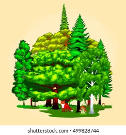 Cartoon vector set trees on the green grass outdoor park with branch, leafs and animals.Pine in the wild forest. Isolated ecology natural wood for landscape design or illustration