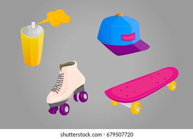 Cartoon vector set in trendy 80-90 memphis style. Retro items. Skateboard, roller skates, cap. Teenage colorful vector set