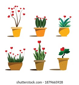 Cartoon Vector set of Valentines house indoor plant in pot isolated on white background.