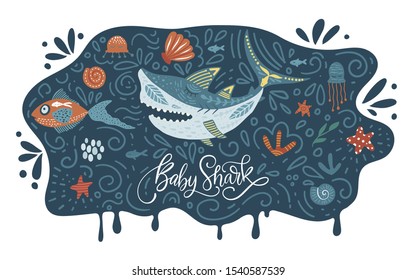 Cartoon Vector Shark Illustration. Baby shark cute design with sea animal fishes and hand drawn lettering quote.