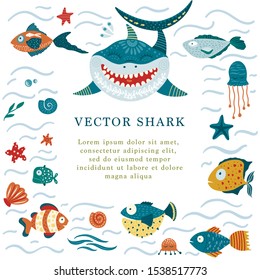 Cartoon Vector Shark Illustration. Sea Fish Ocean Animal Card with Place for Your Text.