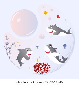 Cartoon vector sharks set. Cute shark characters with colorful seaweed and fishes. Flat style design template for poster, print, greeting card, party invitation etc. Vector illustration 