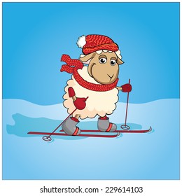 Cartoon vector sheep skiing / Symbol of year
