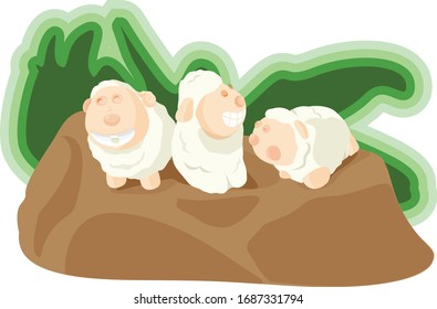 cartoon vector sheeps outdoor. funny sheeps on the stone