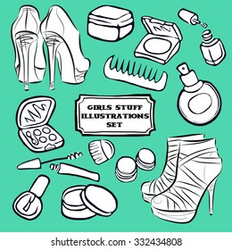 Cartoon vector sketch illustrations. Hand drawn girl stuff. High heel shoes, perfume, mascara, comb, eye shadow, cream, brushes, nail polish, eye shadow. 