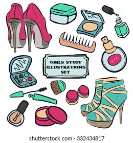 Cartoon vector sketch illustrations. Hand drawn girl stuff. High heel shoes, perfume, mascara, comb, eye shadow, cream, brushes, nail polish, eye shadow. 