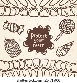Cartoon vector sketch mouth inside illustration with teeth, sweets, candy, ice cream, cupcake. Dental hygiene background.