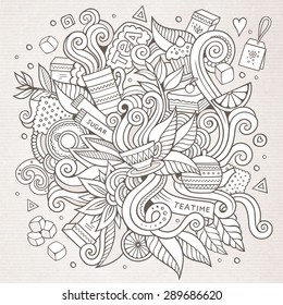 Cartoon vector sketchy doodles hand drawn tea time background