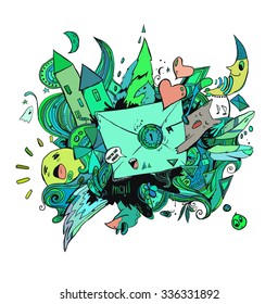 Cartoon vector sketchy doodles. Modern graphic image. "You've got email!"