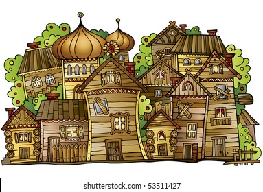 cartoon vector Slavic old wooden village