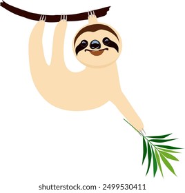 Cartoon vector sloth hangs on a tree branch.
