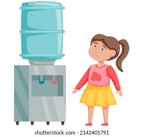 Cartoon vector small girl standing near water cooler and looks up in hospital. Child stands near container of water isolated on white, wants to drink. Kid thirsty near device with warm and cold liquid