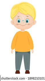 Cartoon vector smiling blond boy with glasses. Vector illustration.Isolated on white background