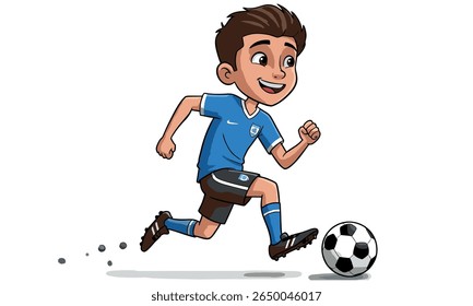 Vetor de desenhos animados de um menino sorridente jogando futebol com um uniforme azul, chutando uma bola com energia e alegria em um fundo branco.