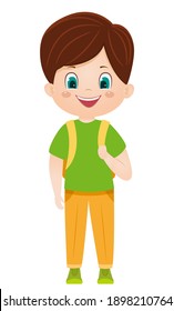 Cartoon vector smiling boy with school backpack. Vector illustration.Isolated on white background