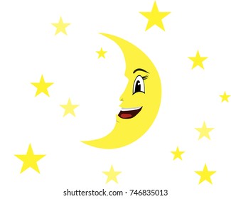 Cartoon vector of smiling moon and stars isolated, white background
