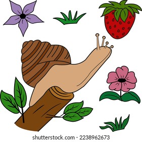 Cartoon vector snail on a branch, red strawberries, flowers, and green grass. Cute snail illustration.