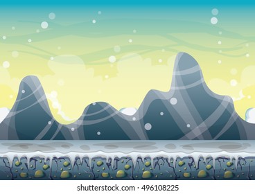 cartoon vector snow landscape background with separated layers for game and animation game design asset in 2d graphic