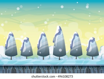 cartoon vector snow landscape background with separated layers for game and animation design asset in 2d graphic