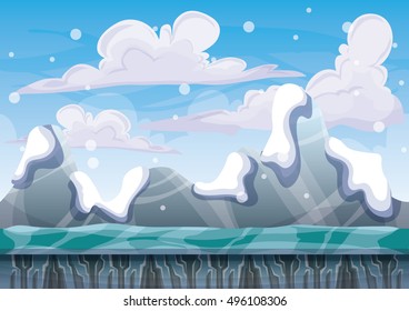 cartoon vector snow landscape background with separated layers for game and animation design asset in 2d graphic