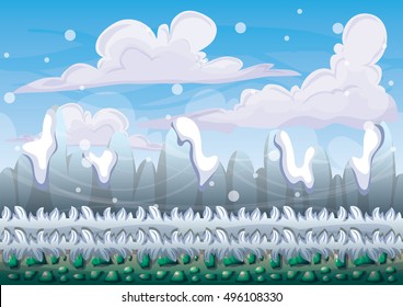 cartoon vector snow landscape background with separated layers for game and animation design asset in 2d graphic